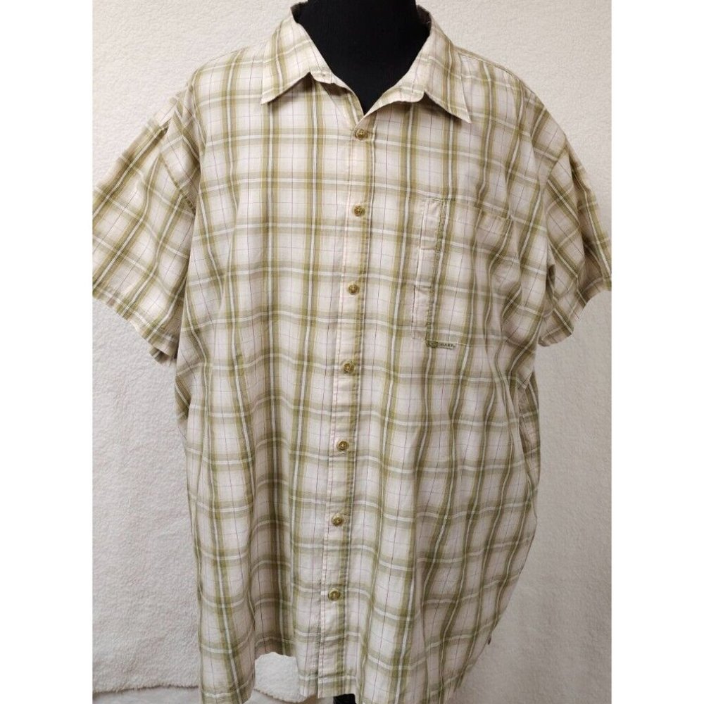 Drake Clothing Company Mens 3X Green Beige Stripe Short Sleeve Logo Shirt